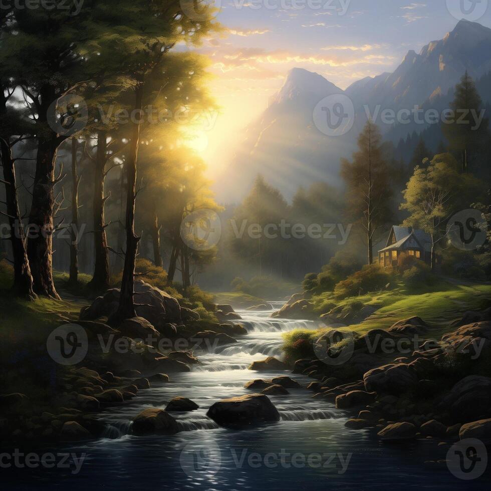 AI generated A natural view of a little cottage in forest and river with mountain background in the morning with sun ray photo