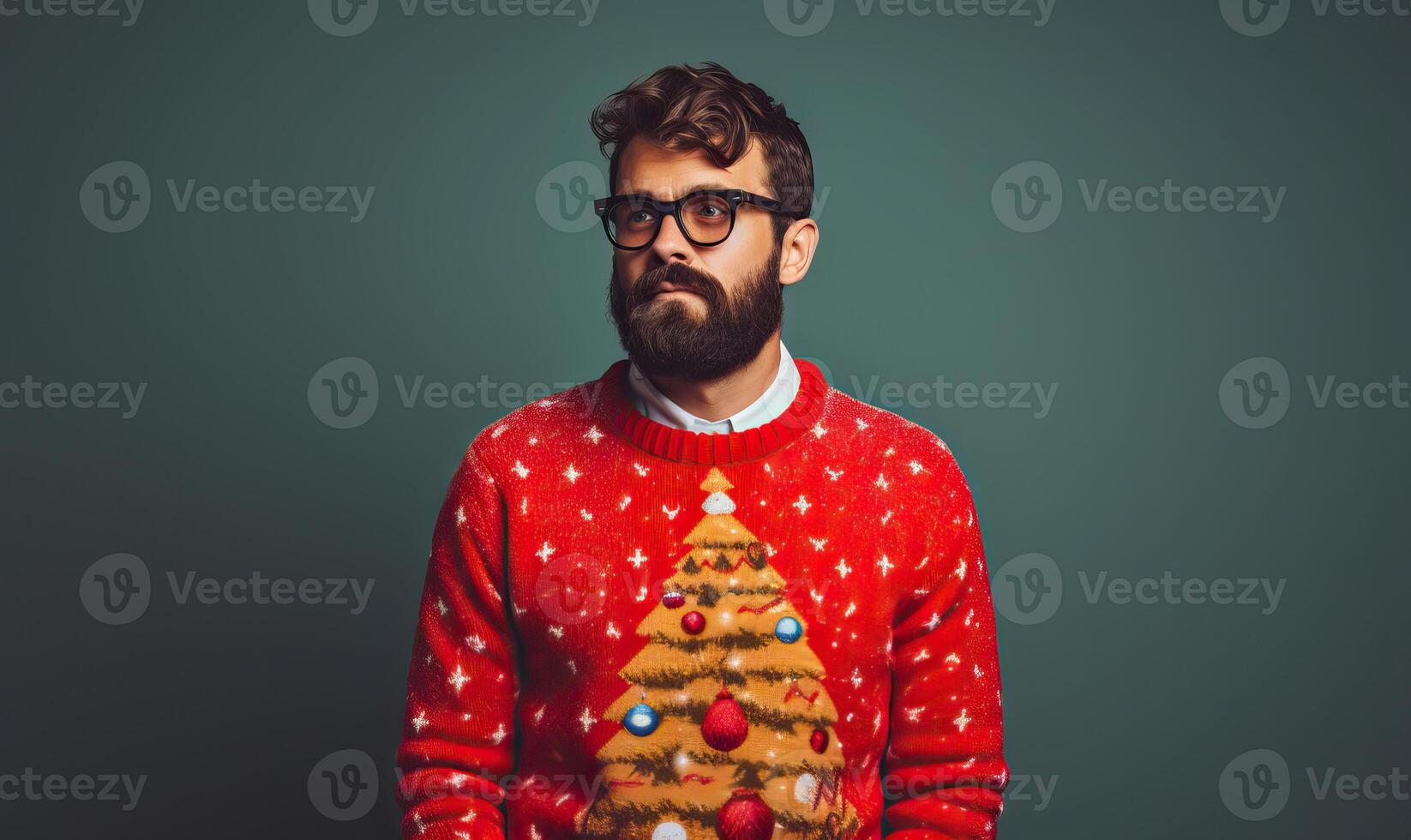 AI generated Studio portrait of handsome happy bearded man wearing christmas ugly sweater with ornament, posing photo