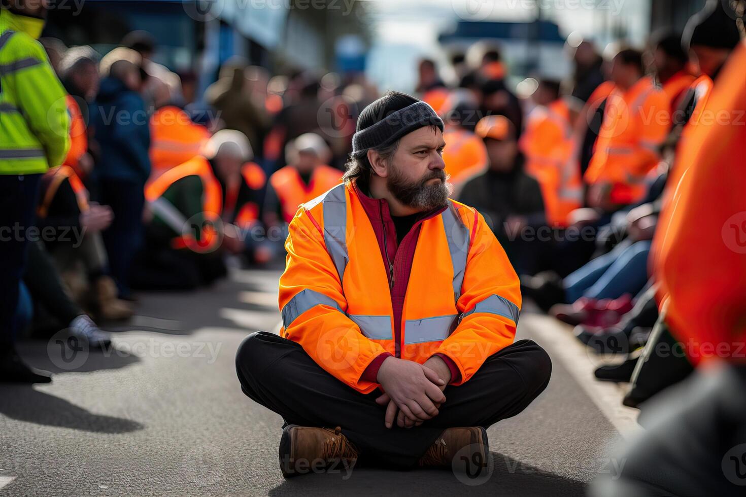 AI generated Protest activists wearing hi vis yellow orange jacket sit on a road and block traffic, crowd of photo