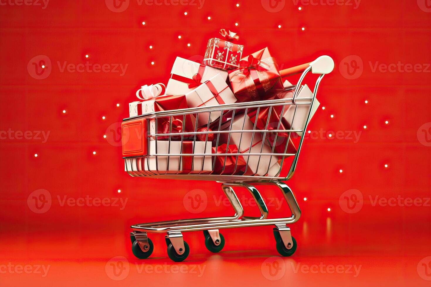 AI generated Shopping card full of presents. Gift boxes with red bows in a supermarket trolley. black Friday photo