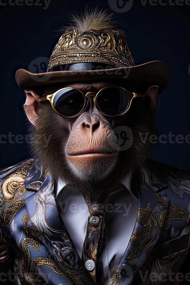 AI generated Monkey gorilla dressed in a classy red suit, standing as a successful leader and a confident photo