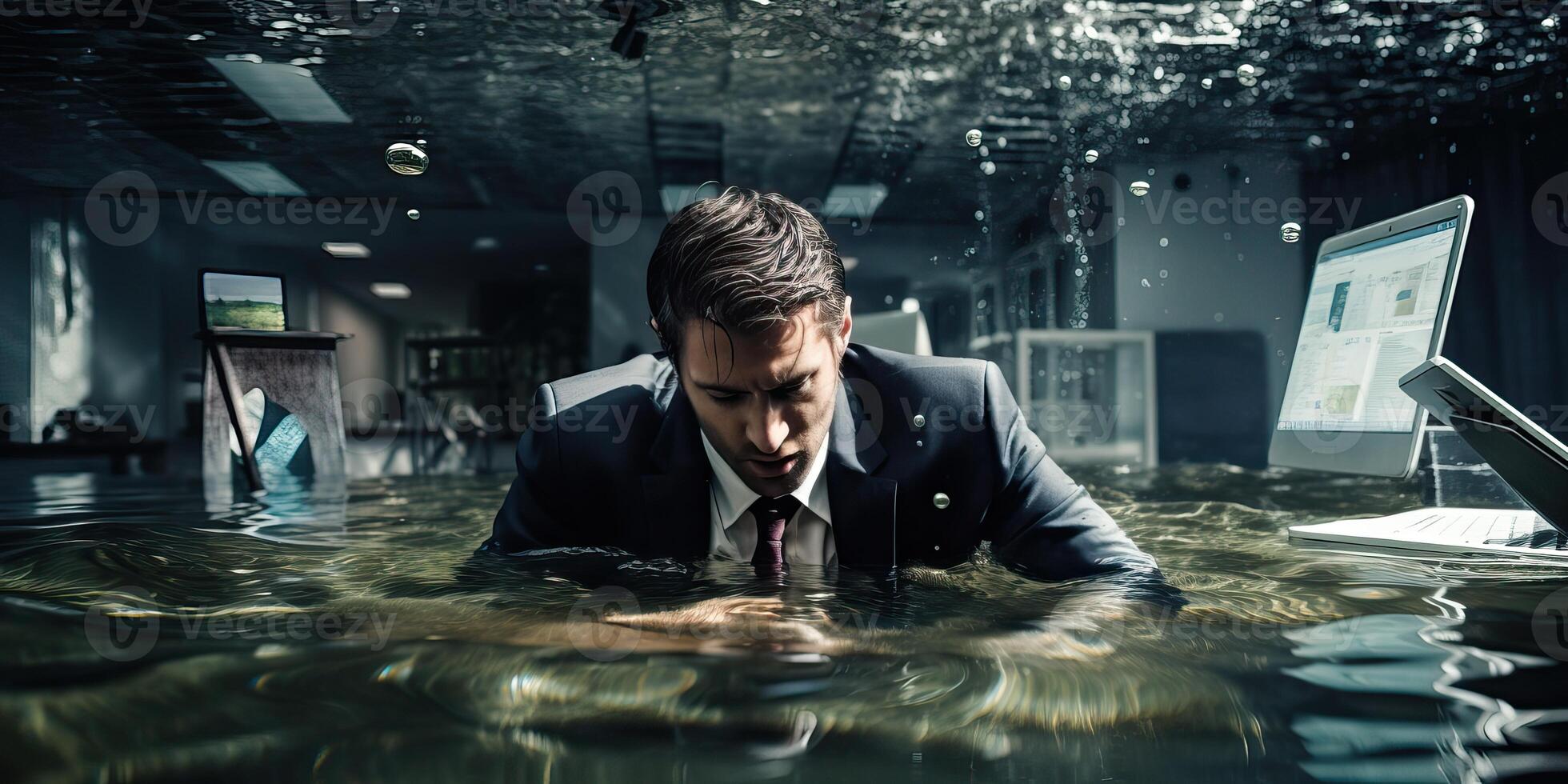 AI generated A stressed desperate businessman submerged by water in his workplace, having a burnout because of photo