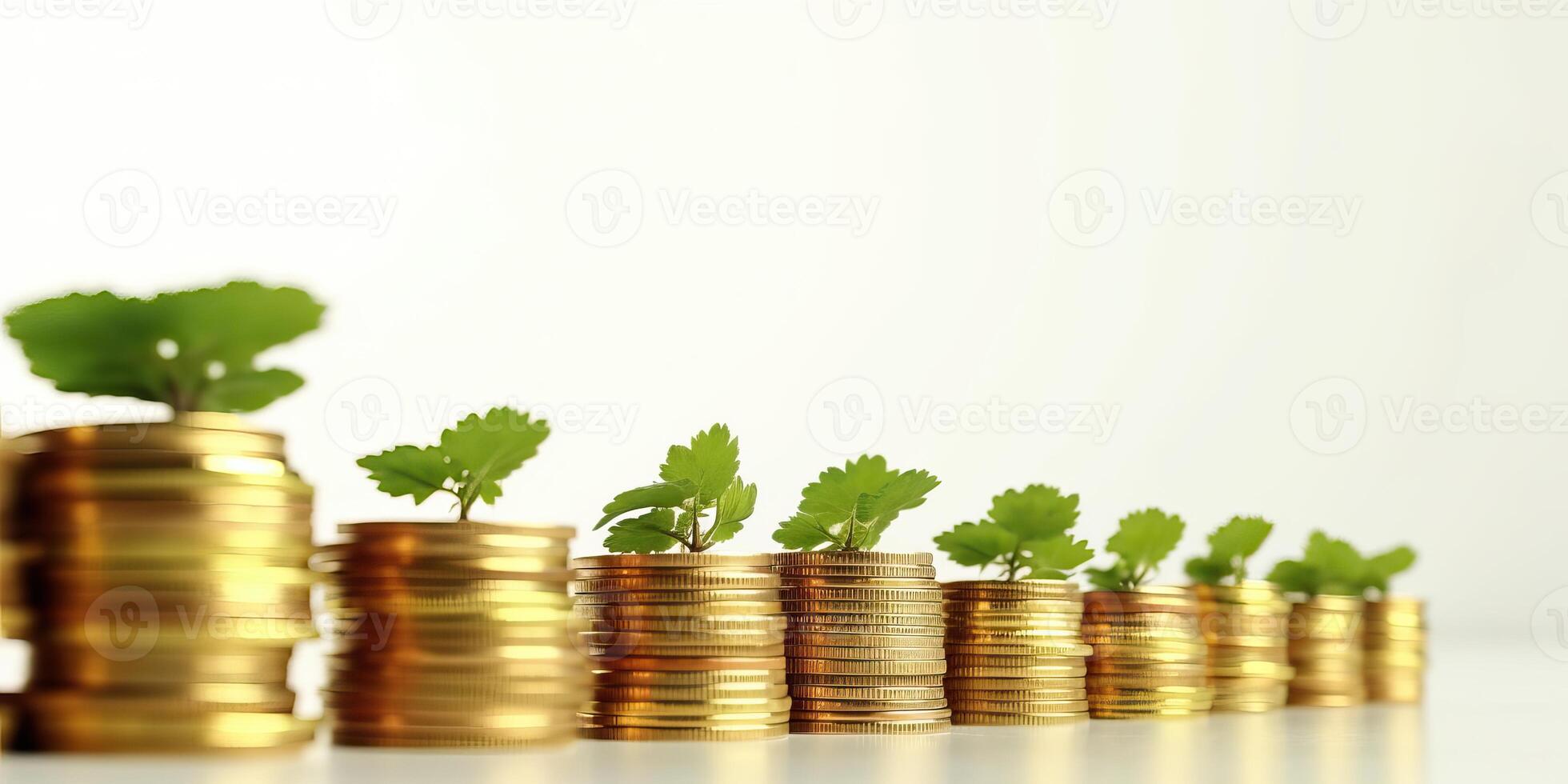 AI generated The coins are stacked on the ground and the seedlings are growing on top, the concept of saving photo