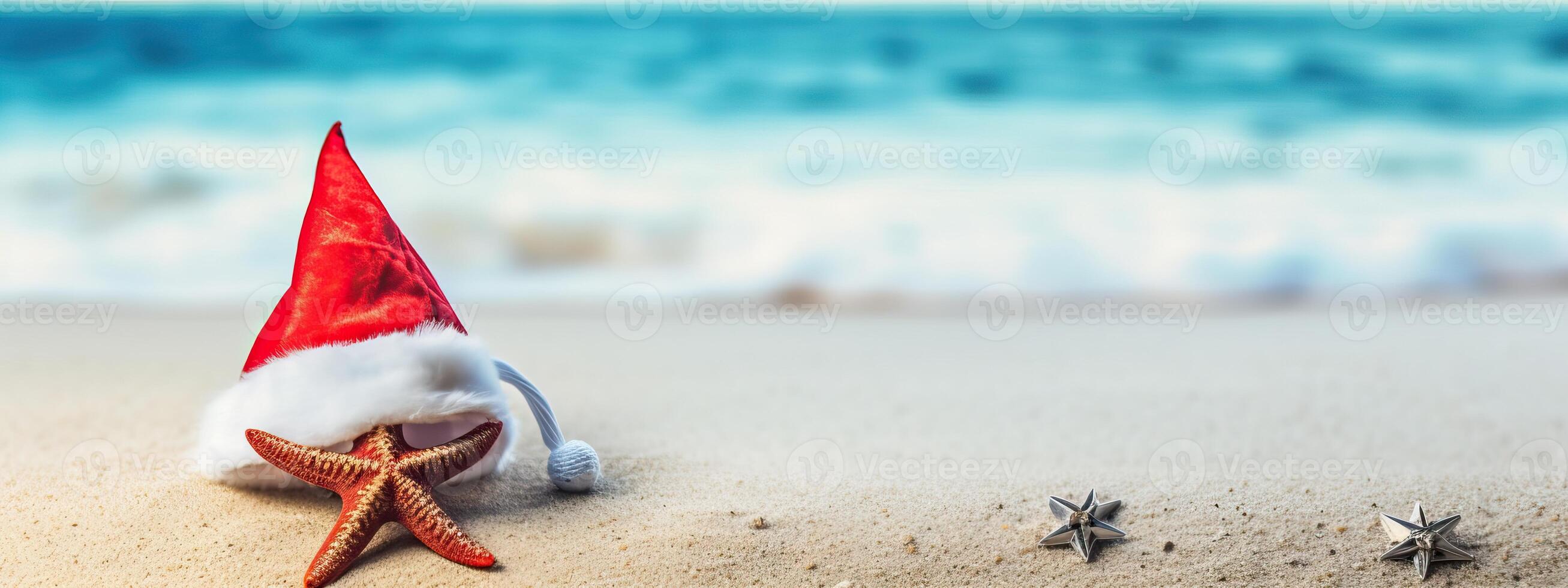 AI generated Composition with Santa hat and starfish on the sea beach. Christmas decoration, vacation, xmas photo