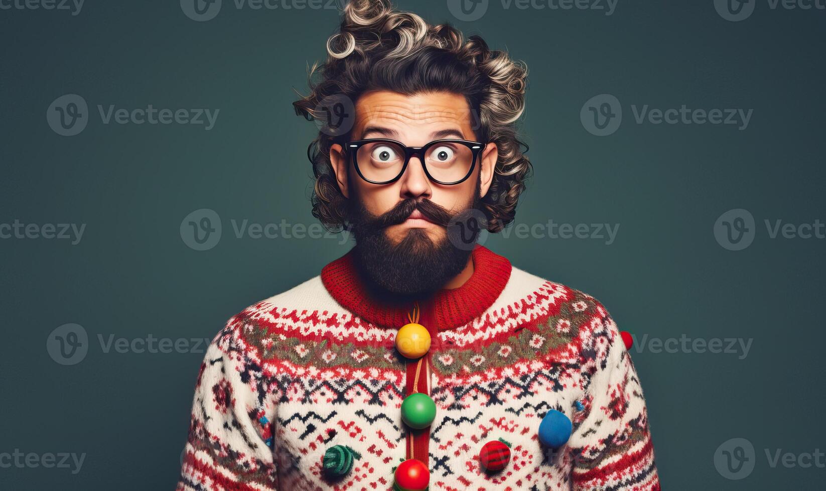 AI generated Studio portrait of handsome happy bearded man wearing christmas ugly sweater with ornament, posing photo