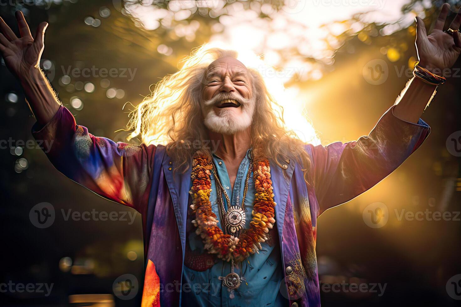 AI generated Happy senior hippie with open hands and a big smile on road trip at sunrise, ready for adventure, photo