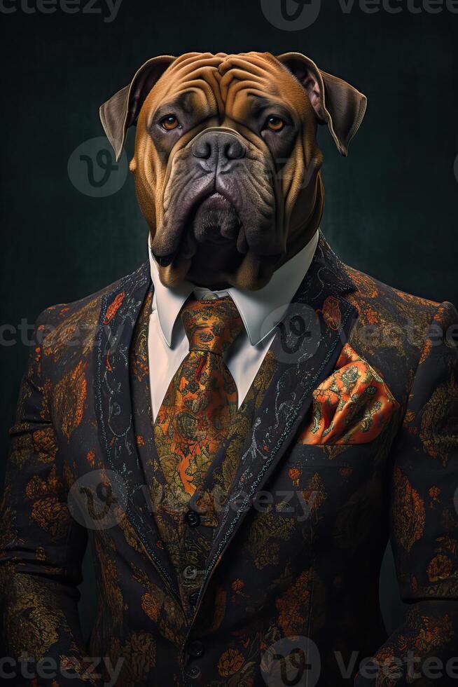 ai generado perro bullmastiff perro vestido en un elegante traje con un bonito atar. Moda retrato de un foto