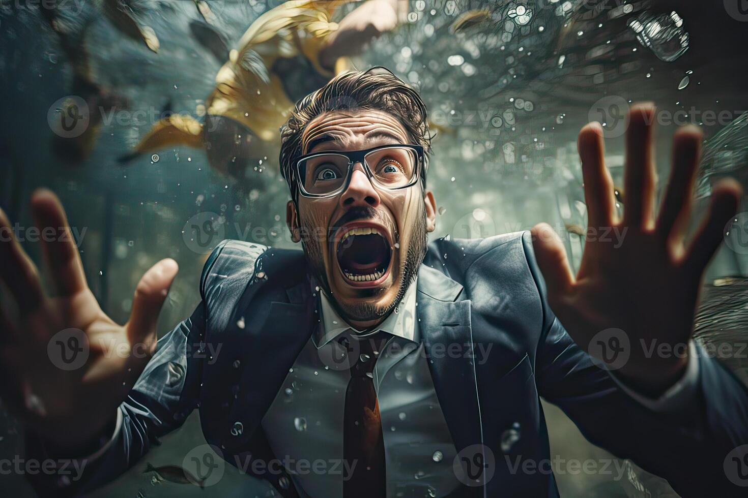 AI generated A stressed and desperate businessman submerged by water in his workplace, having a burnout because photo