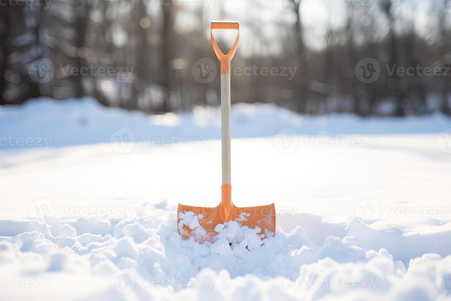 AI generated Closeup of a snow shovel clearing driveway, Winter service, snow maintenace, sweep snow from road photo