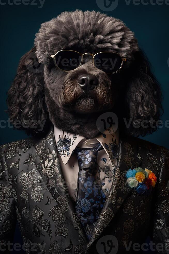 ai generado perro, negro caniche, vestido en un elegante moderno traje con un bonito bufanda, vistiendo Gafas de sol. Moda foto