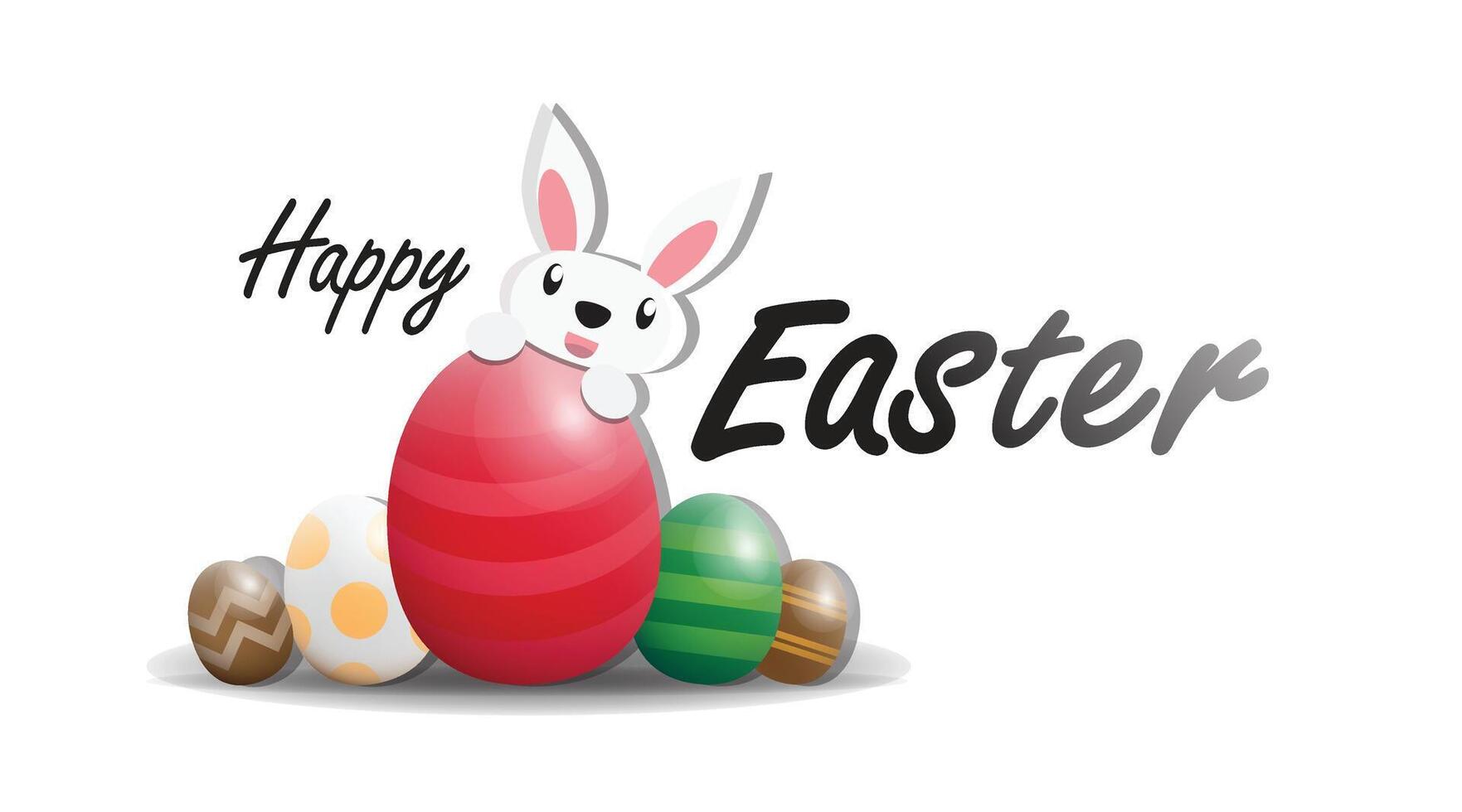 Happy easter greetings with simple illustration of easter eggs and bunny on white background vector