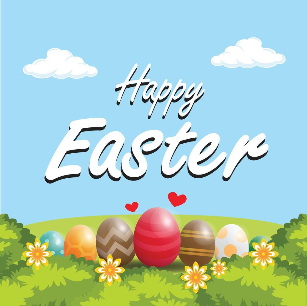 happy easter with illustration of easter eggs in the grass vector