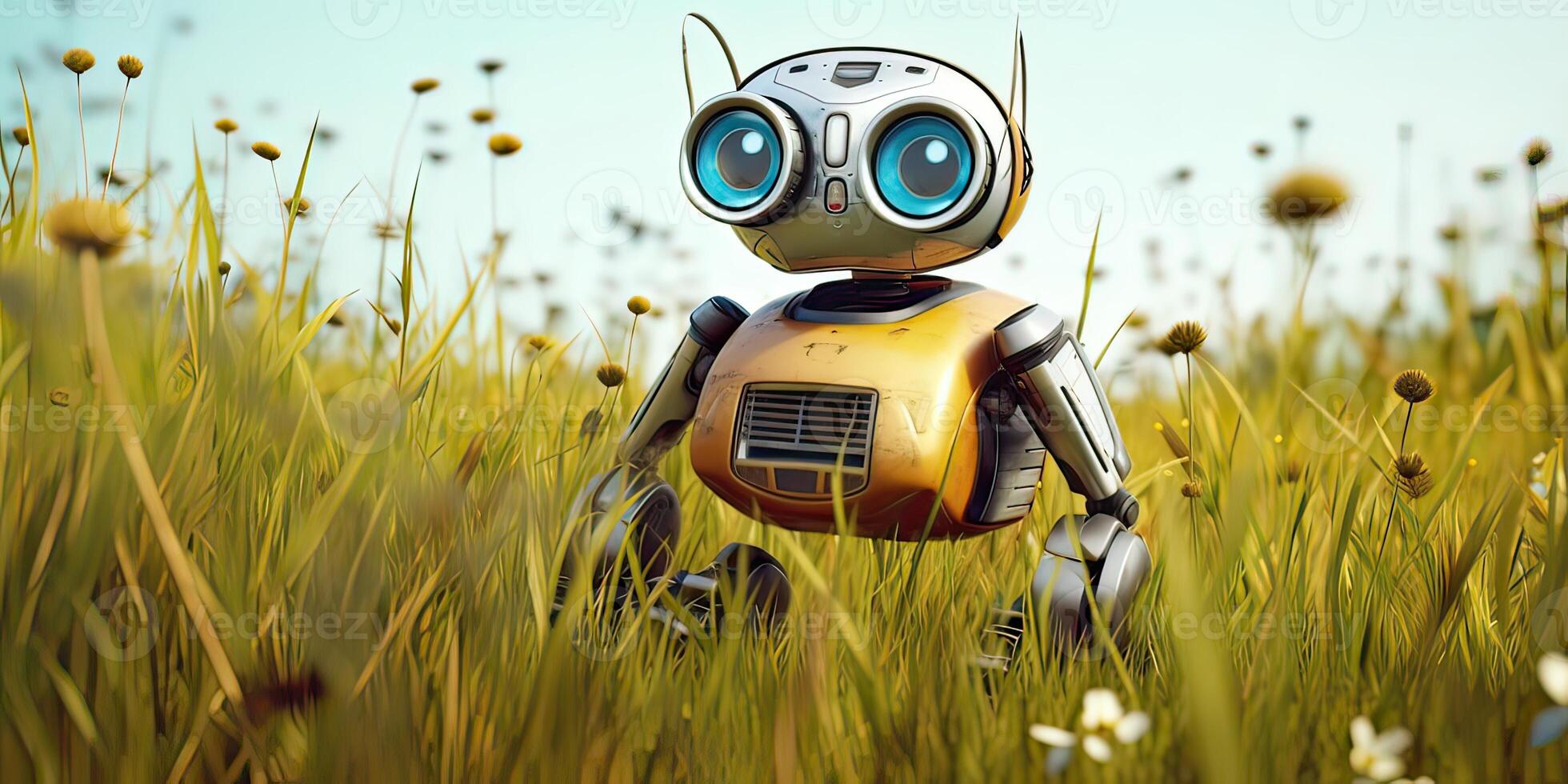 AI generated Little cute robot lost in a field on a beautiful day, discovering the earth and exploring nature photo