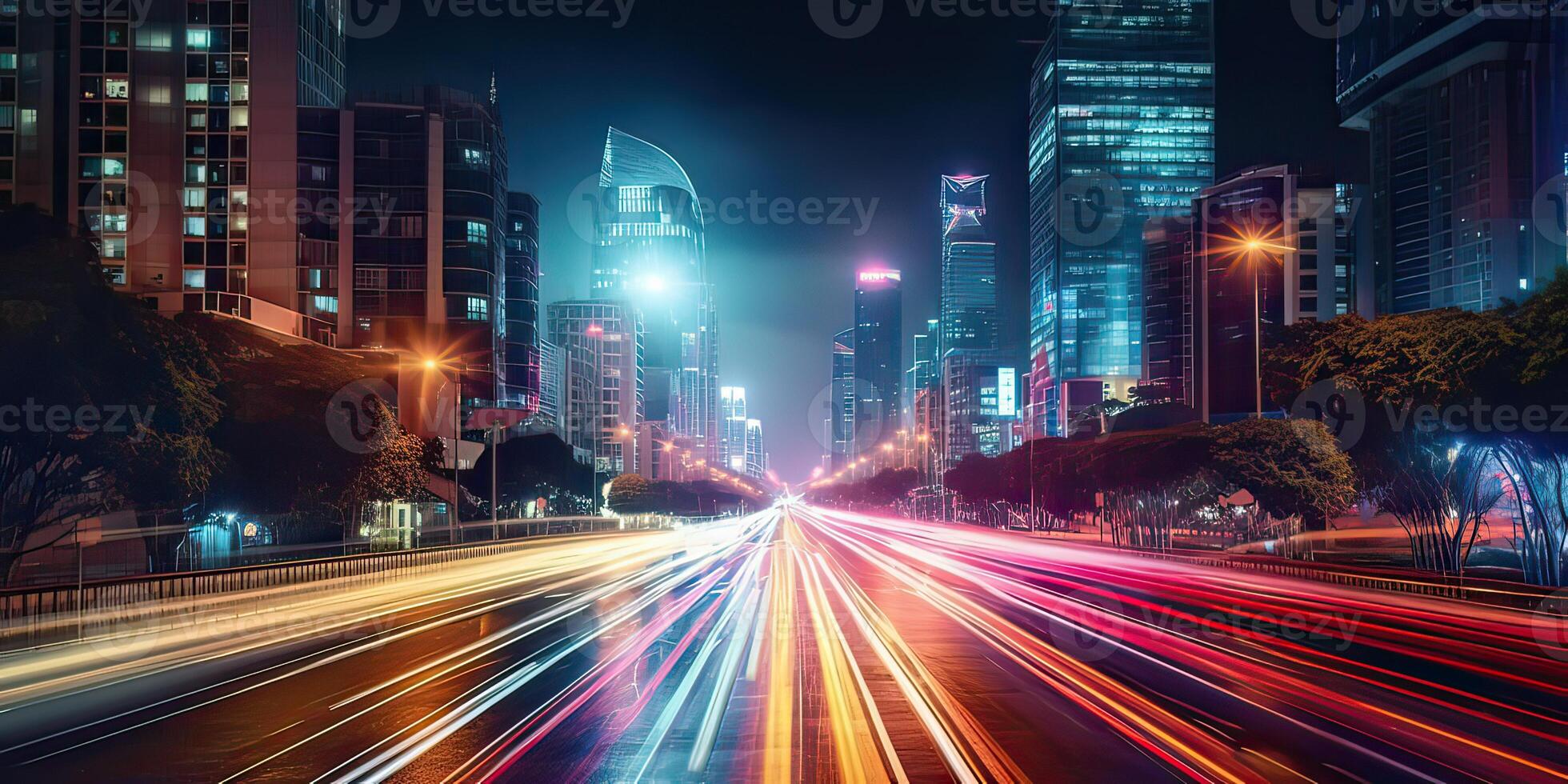 AI generated High speed urban traffic on a city street during evening rush hour, car headlights, busy night photo