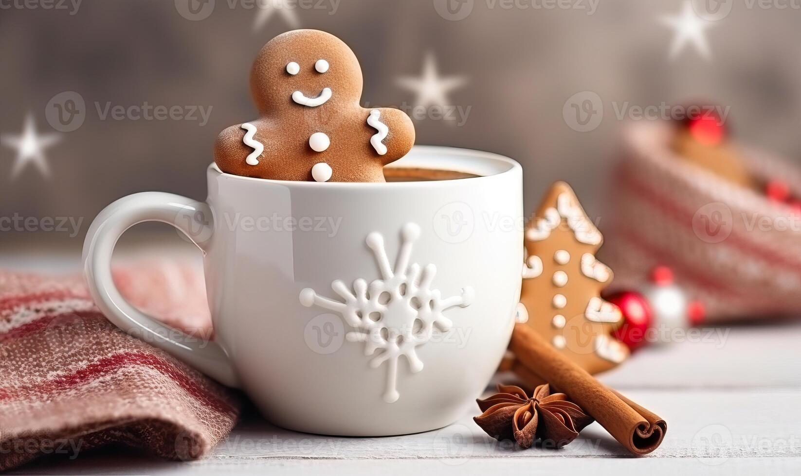 AI generated Gingerbread man cookie in a cup of hot chocolate or Mug cocoa, christmas bokeh lights, xmas food, photo