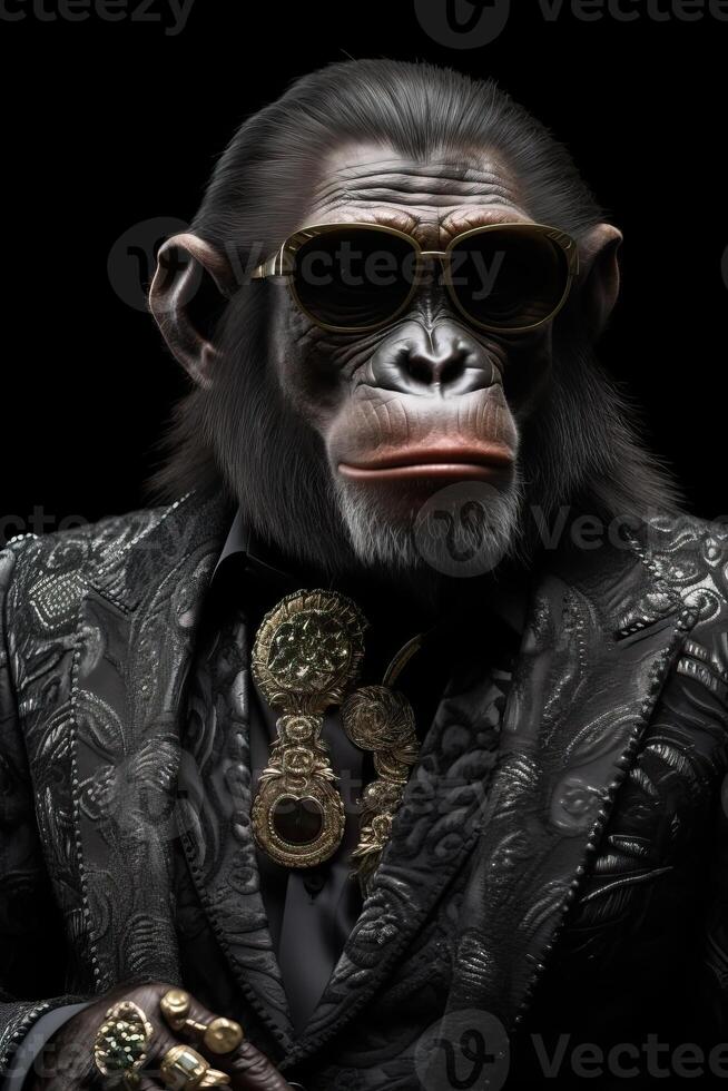 AI generated Monkey chimpanzee dressed in an elegant suit with a nice tie. Fashion portrait of an anthropomorphic photo