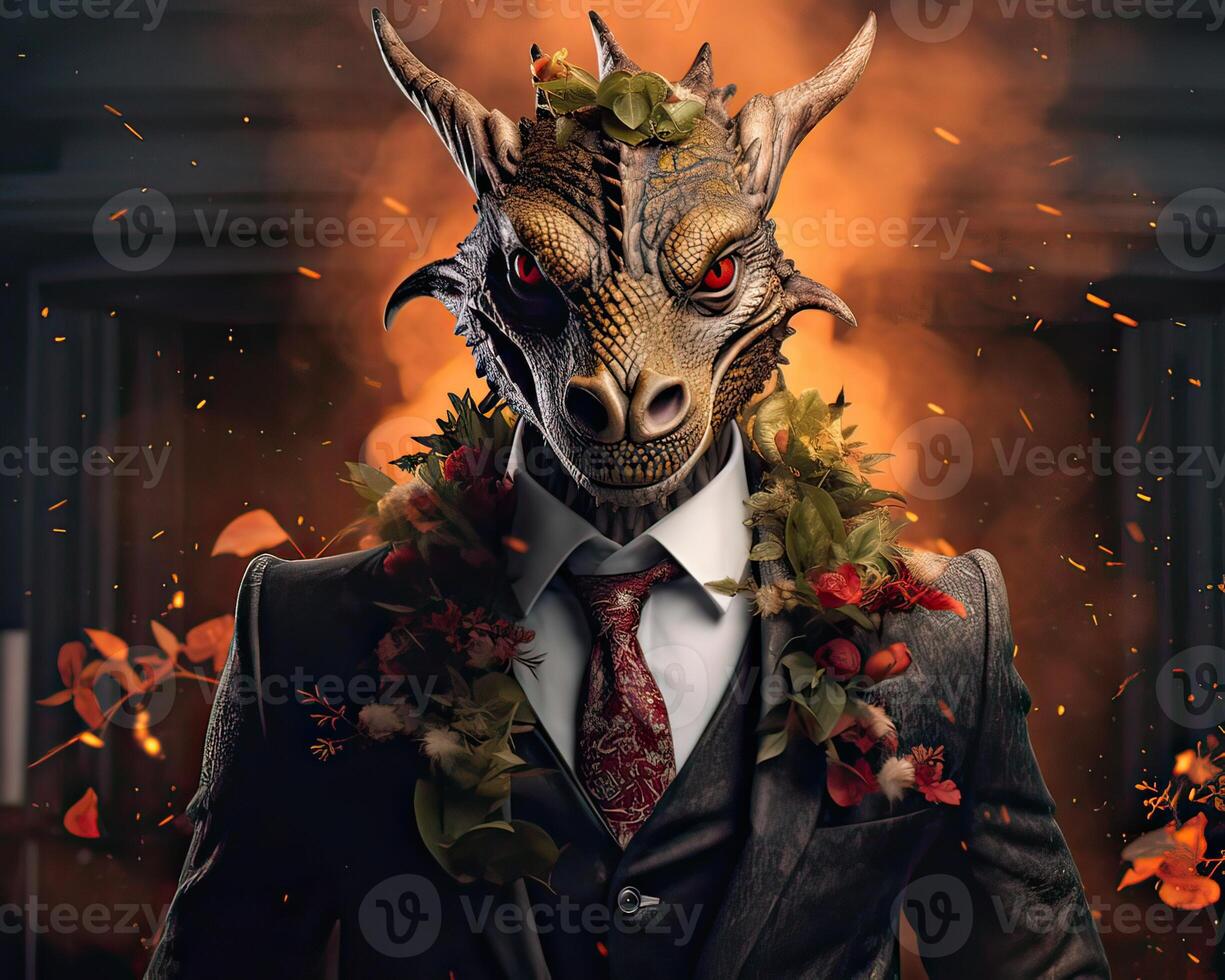 AI generated Dragon dressed in a classy modern suit, standing as a successful leader and a confident gentleman. photo