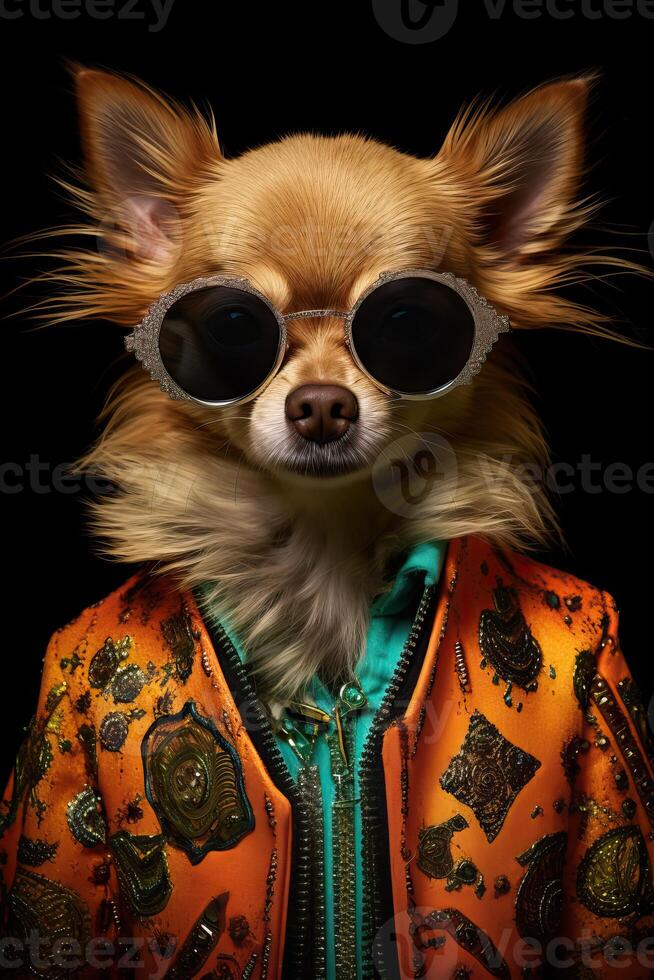 AI generated Dog chihuahua dressed in an elegant modern suit with a nice tie, wearing sunglasses and a cap. photo