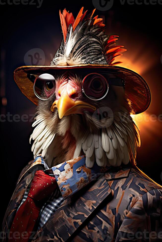 AI generated Chicken dressed in an elegant modern suit with a nice tie. Fashion portrait of an anthropomorphic photo