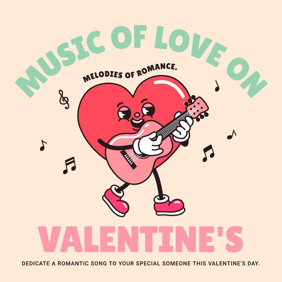 Music of love on Valentine's typography poster. Hippie 60s 70s retro style. Y2K aesthetic. Cartoon heart character playing guitar and singing background. Groovy template, greeting card. vector