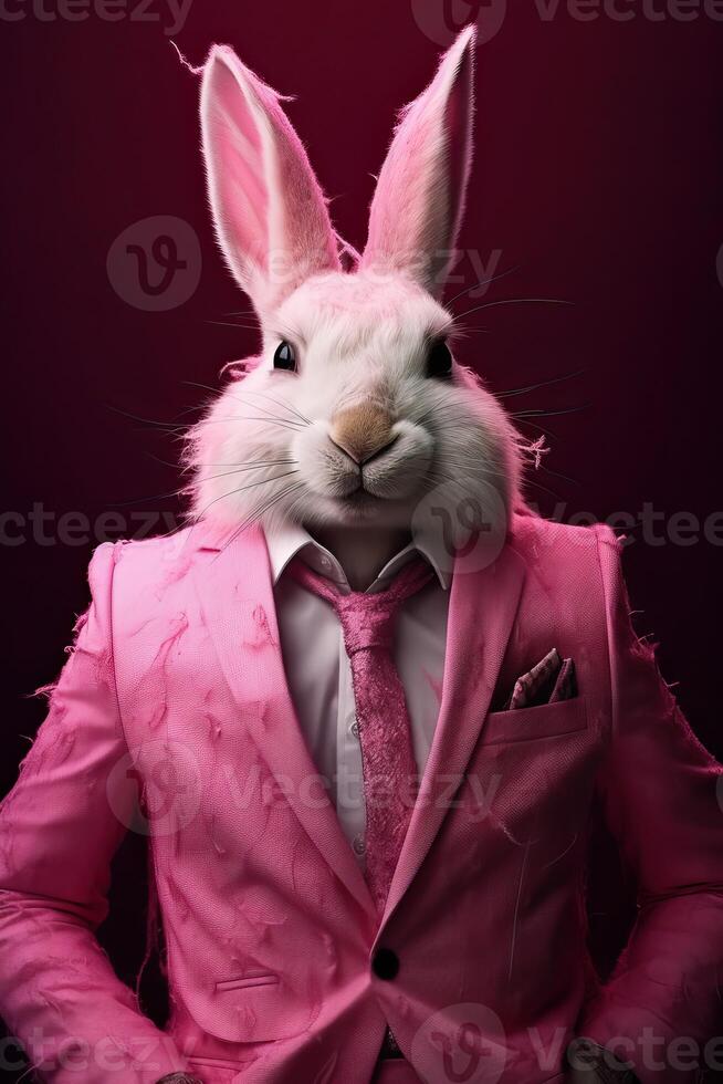 AI generated Rabbit dressed in an elegant modern pink suit, tie and glasses. Fashion portrait of an photo
