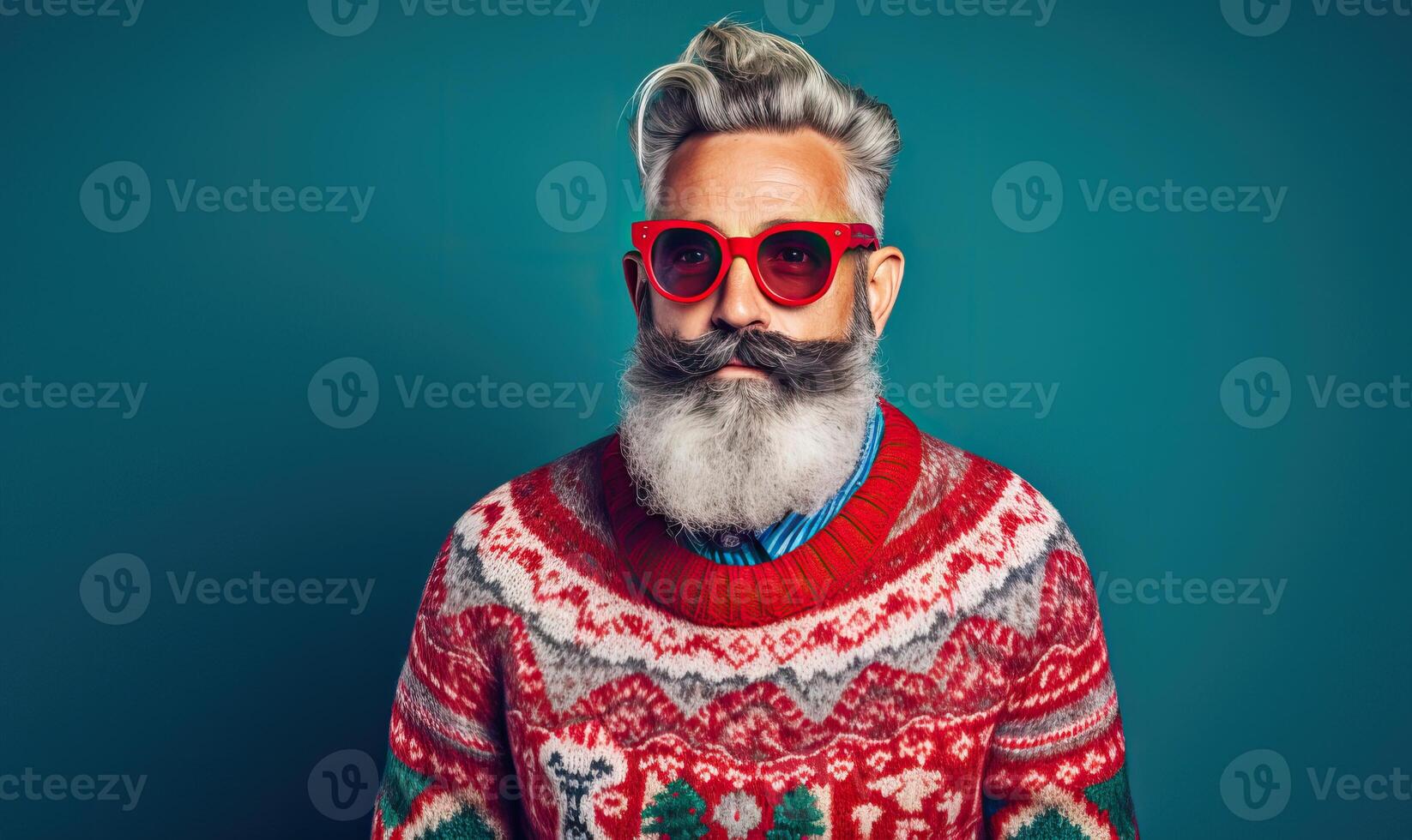 AI generated Studio portrait of modern hipster Santa Claus in Christmas ugly sweater, fashionable clothes. photo
