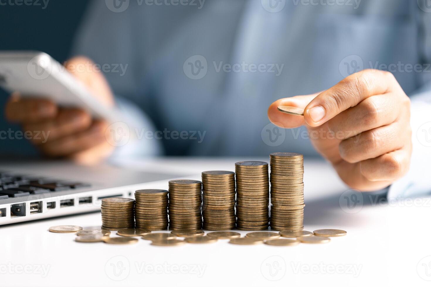 Woman with coin stack. Financial Growing savings concept. Saving money by hand putting coins money accounting planning. photo