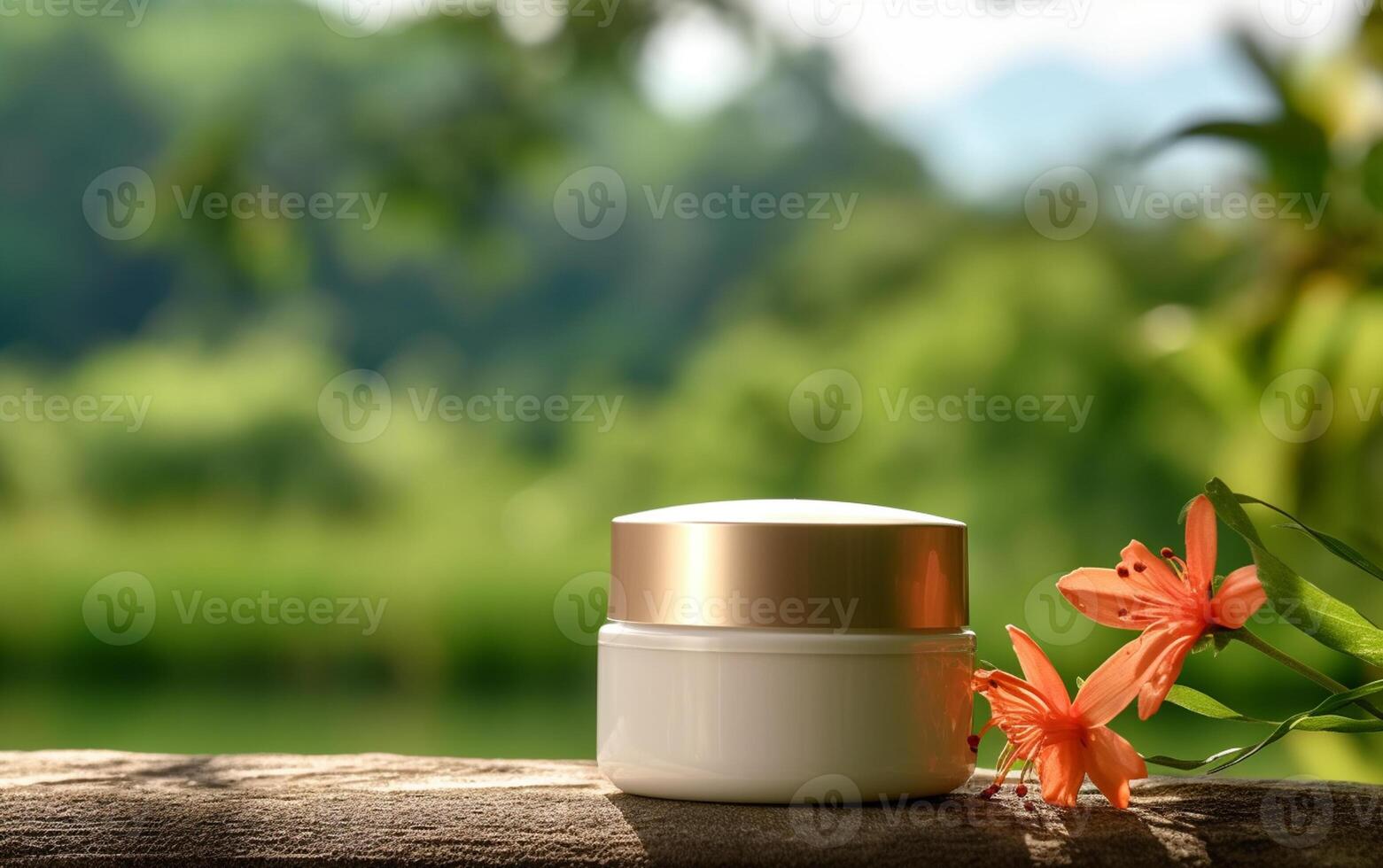 AI generated Photo luxury cream jar on the table behin natural green background