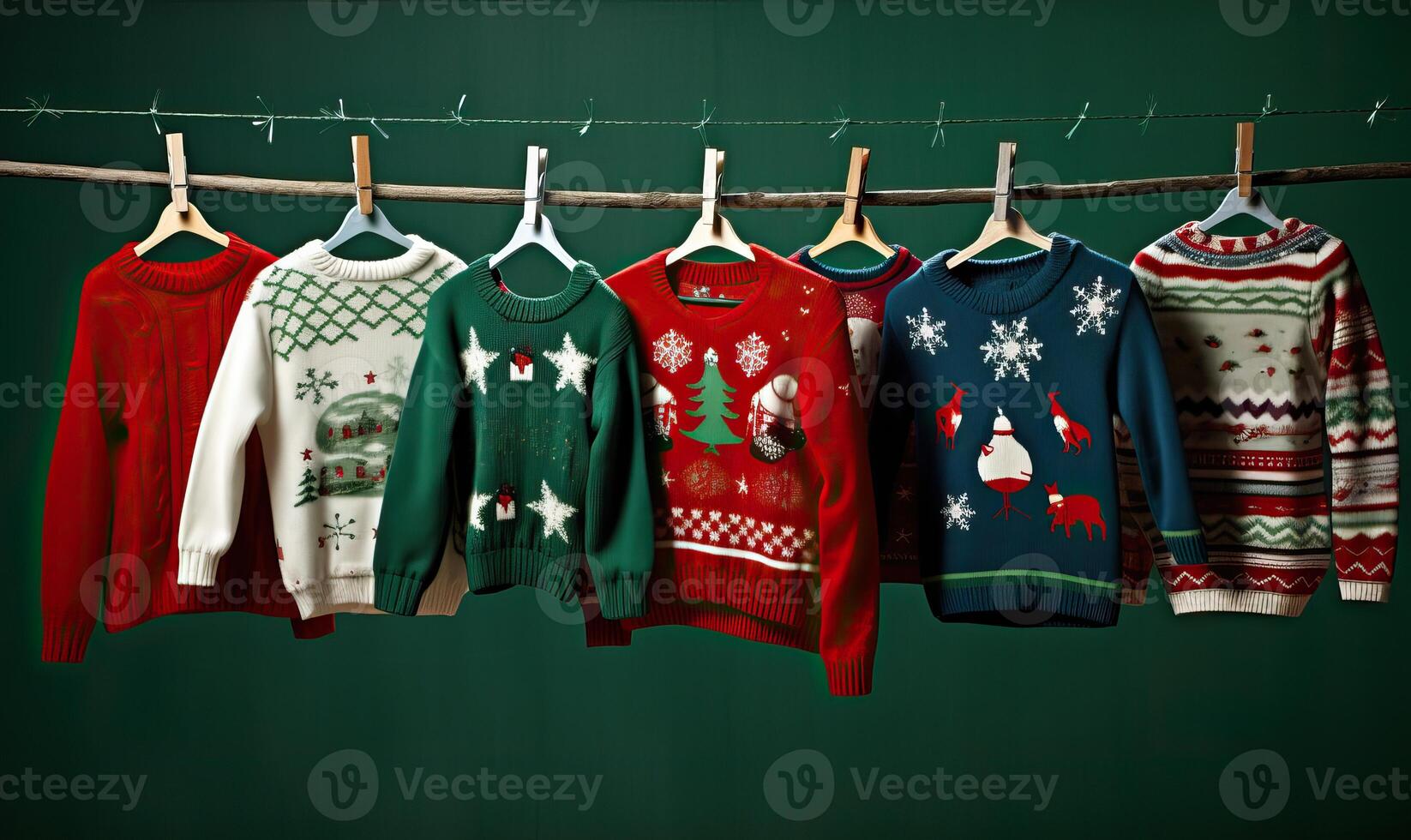 AI generated Different ugly Christmas sweaters are hanging on decorated studio green background. New year and photo