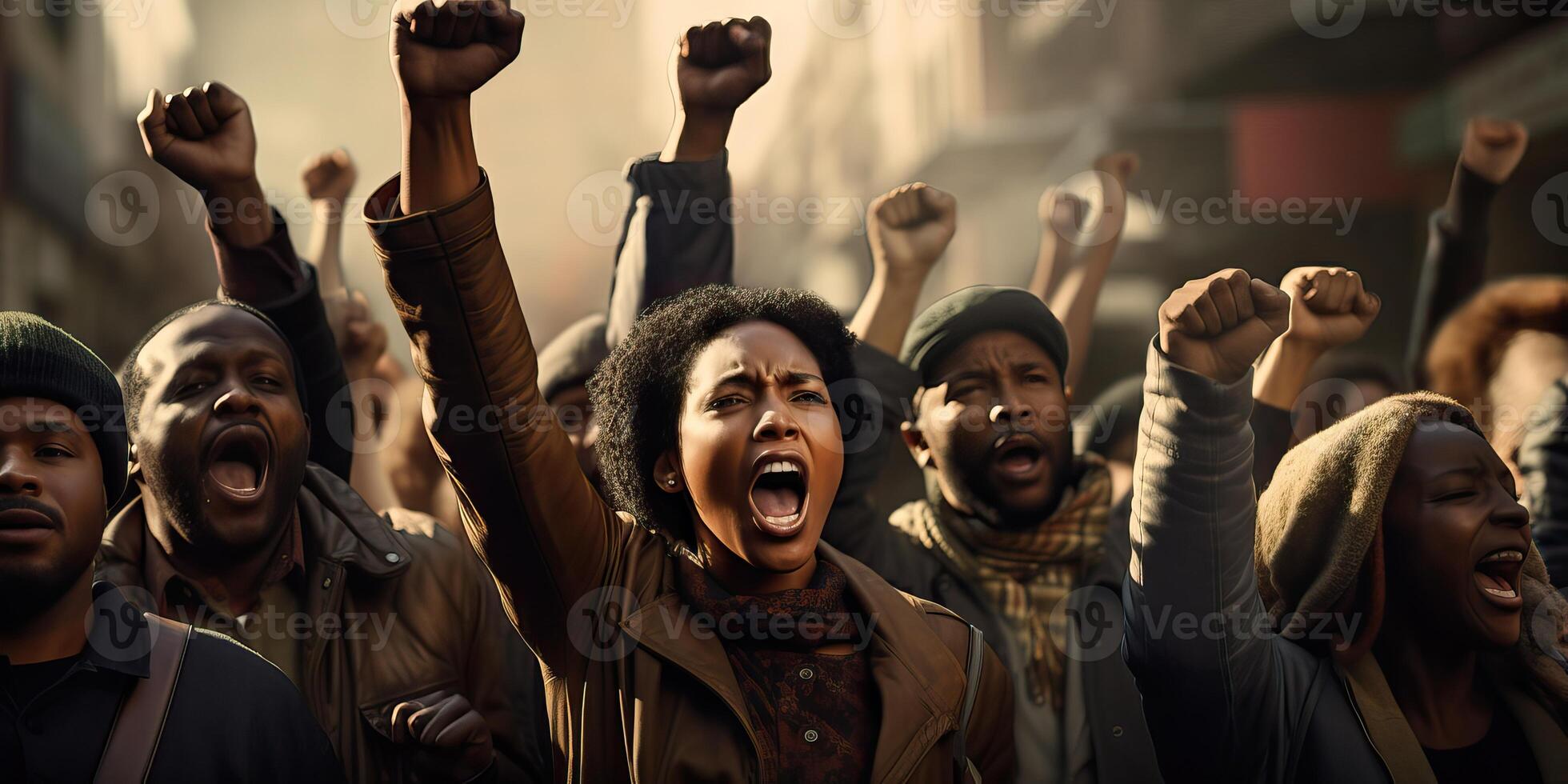 AI generated African American people in a crowd fighting and protesting in the street with raised fists against photo