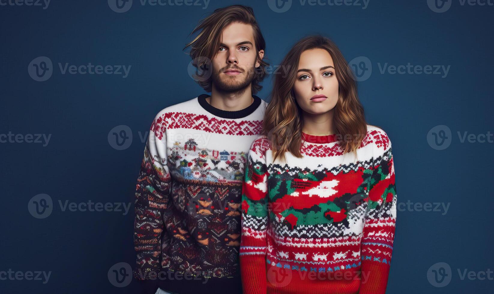 AI generated Young happy couple friends, man woman wear Christmas ugly sweater Santa hat posing spread hands photo