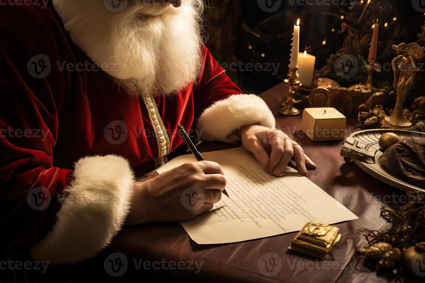 AI generated Portrait of smiling Santa Claus sits at the table and writes a letter to the children, reading photo