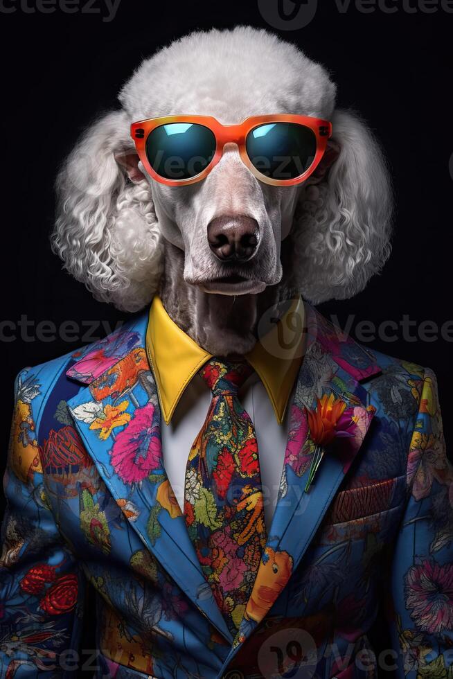 AI generated Dog, white poodle, dressed in an elegant modern suit with a nice tie, wearing sunglasses. Fashion photo