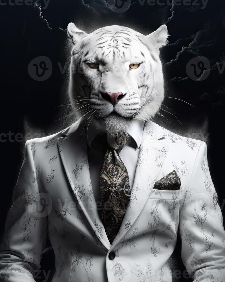 AI generated White Tiger dressed in an elegant modern suit with a nice tie. Fashion portrait of an photo
