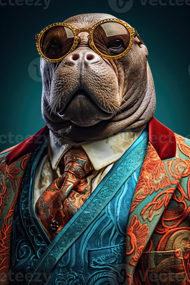 AI generated Walrus dressed in an elegant modern suit with a nice tie. Fashion portrait of an anthropomorphic photo