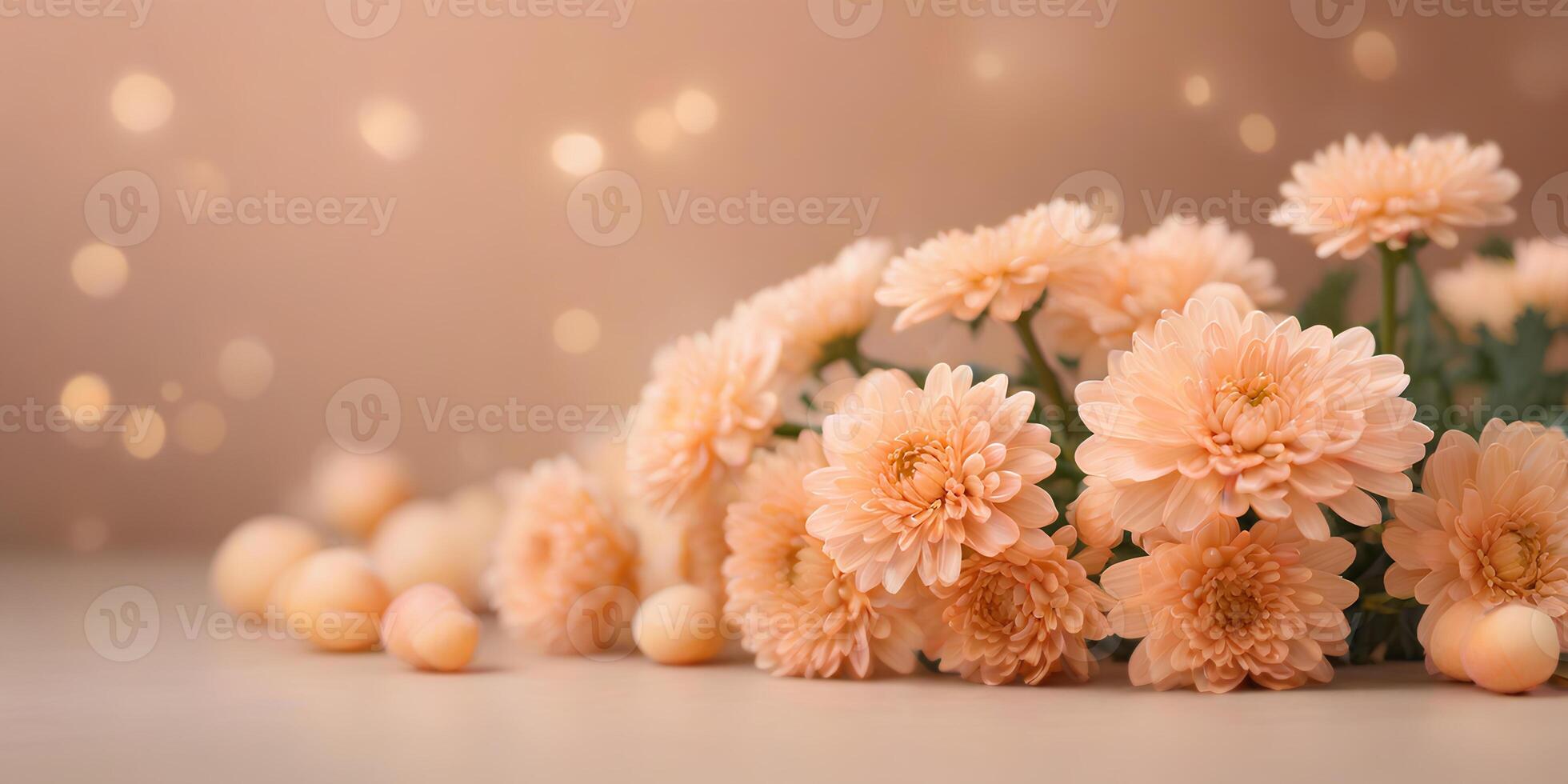 AI generated Bouquet of chrysanthemums on blurred bokeh background in trendy Peach Fuzz color. Elegant backdrop photo