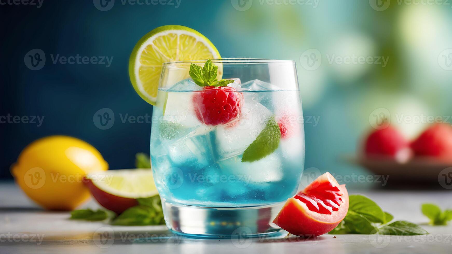 AI generated Summer cold cocktail with ice cubes, juice, berries and mint leaves on bright background. Fresh healthy cold beverage. photo
