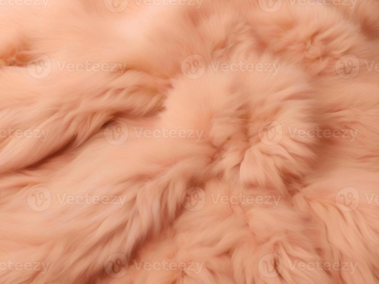 AI generated Peach color fluffy fur fabric background. Fashion color trends , female blog backdrop for text design. Fluffy fake textile fur photo