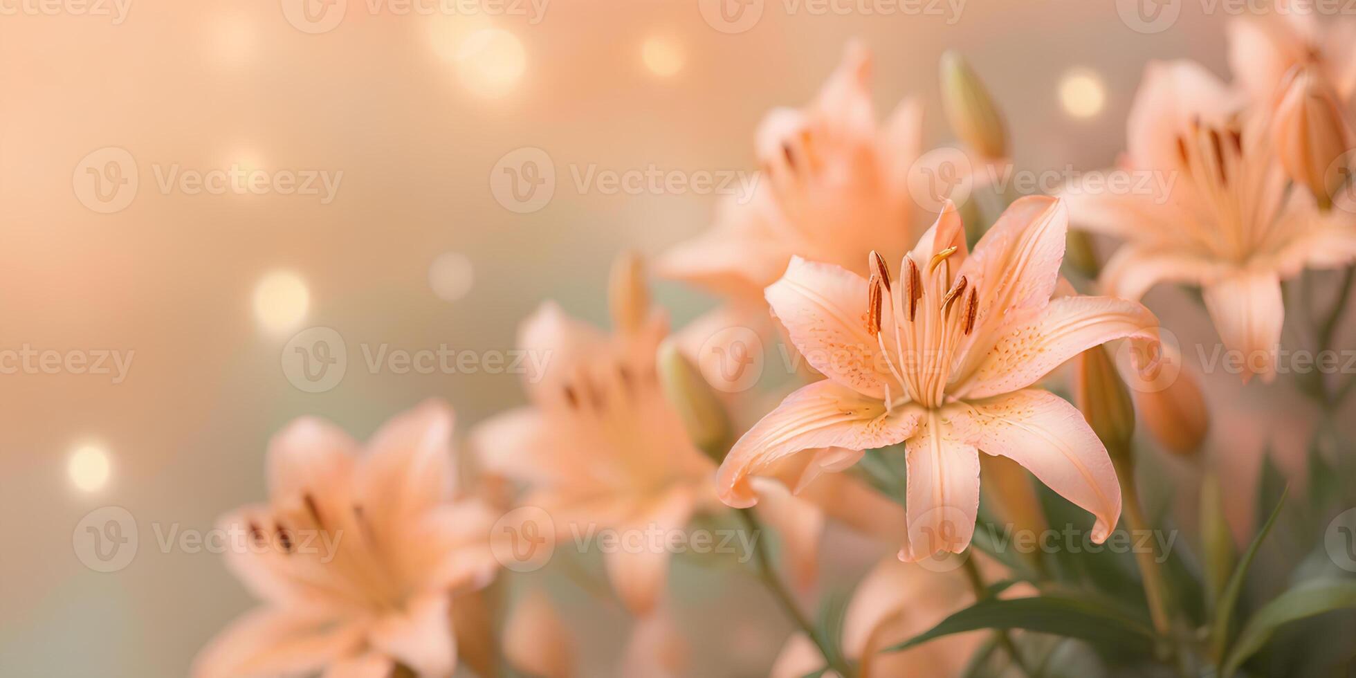 AI generated Bouquet of lilies on blurred bokeh background in trendy Peach Fuzz color. Elegant backdrop for holiday banners, posters, cards photo