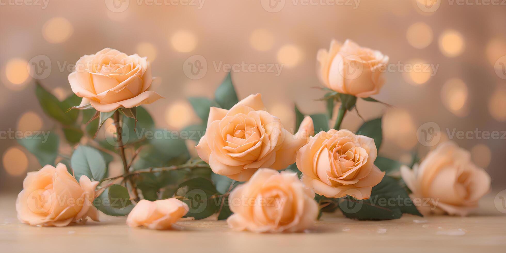 AI generated Bouquet of roses on blurred bokeh background in trendy Peach Fuzz color. Elegant backdrop for holiday banners, posters, cards photo