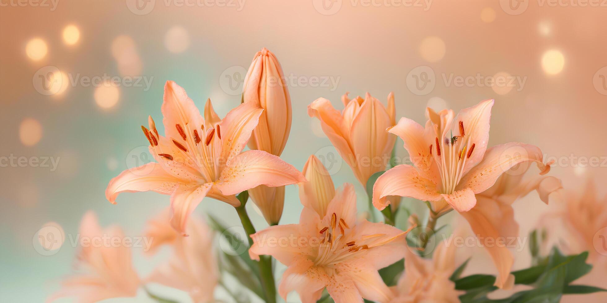 AI generated Bouquet of lilies on blurred bokeh background in trendy Peach Fuzz color. Elegant backdrop for holiday banners, posters, cards photo