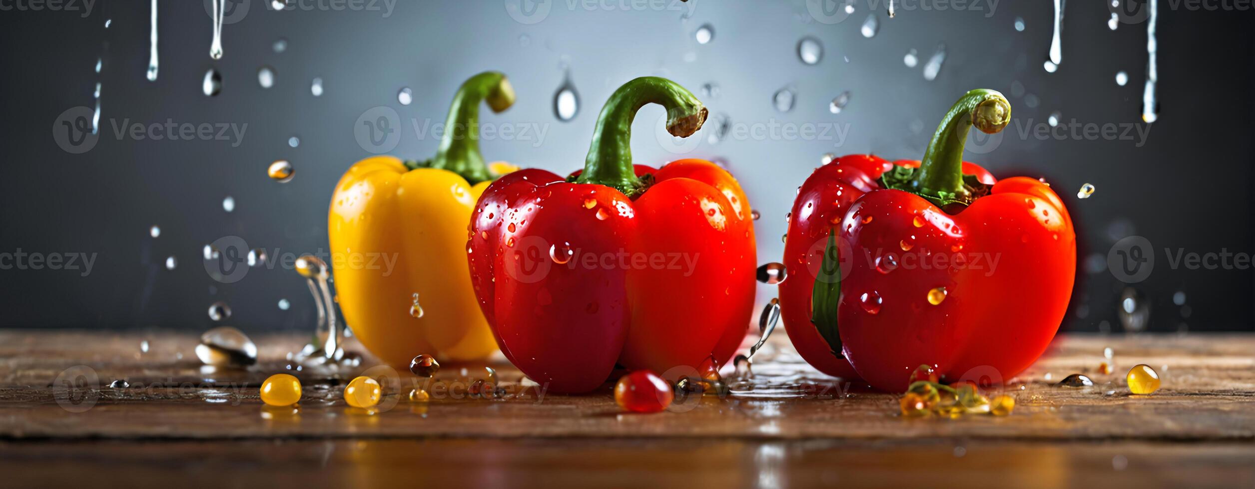 AI generated Red and yellow peppers with water drops on wooden background. Horizontal culinary background with vegetables. Commercial promotional food photo