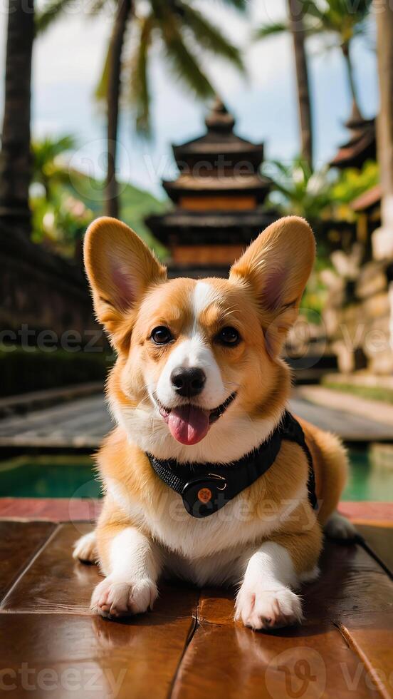 ai generado linda corgi perro se sienta en el trópico parque. concepto de verano vacaciones con animales foto