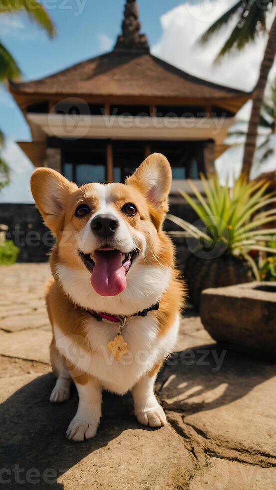 ai generado linda corgi perro se sienta en el trópico parque. concepto de verano vacaciones con animales foto