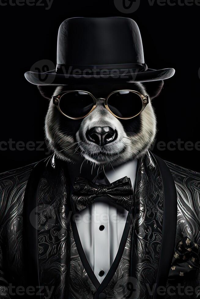 AI generated Panda dressed in a classy modern suit, standing as a confident leader and a powerful businessman. photo