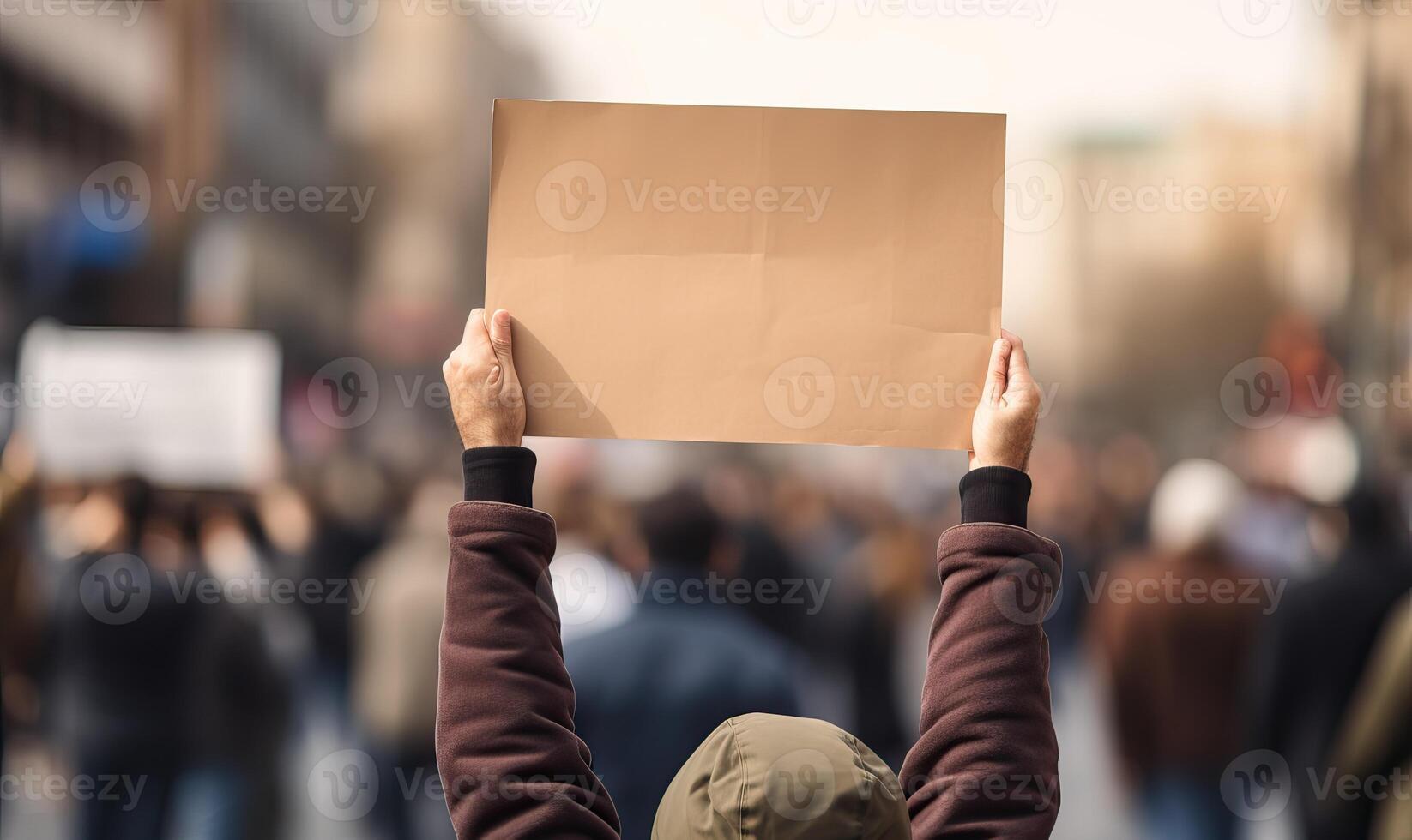 AI generated Protestors on the street holding blank cardboard banner sign. Global strike for change, A political photo