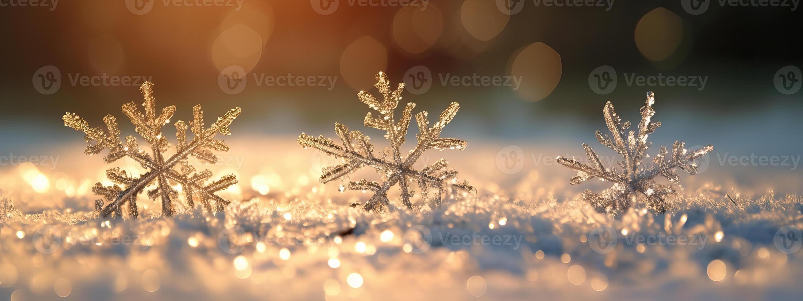 AI generated snowflake ice crystals snow falling on frozen ground and plants on a cold winter night photo