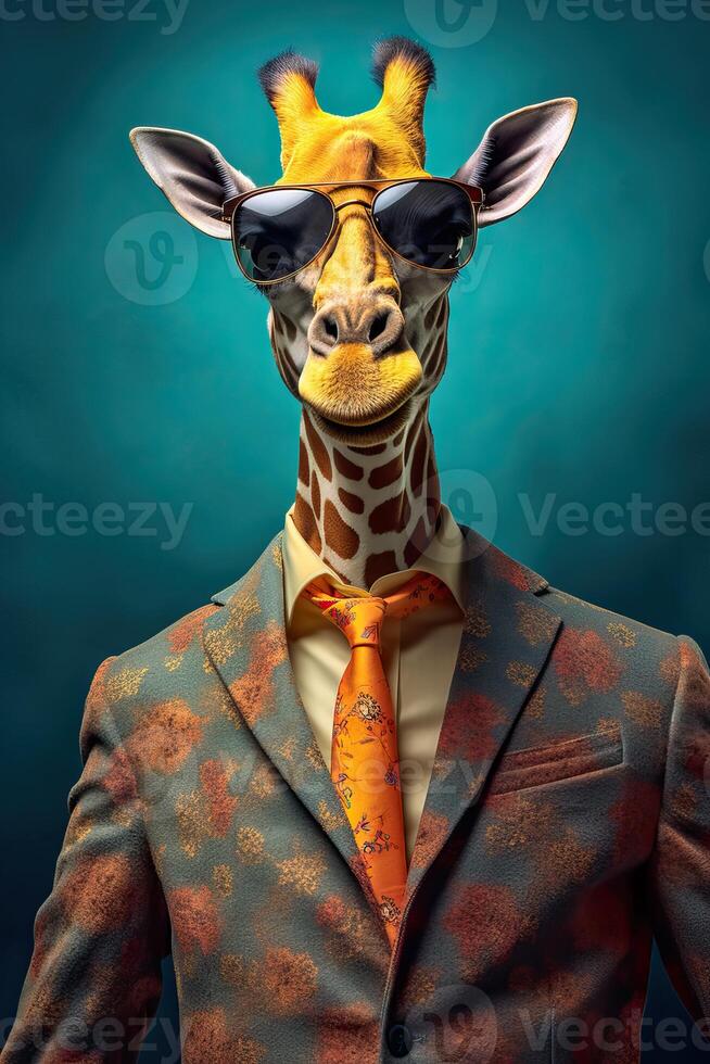 AI generated Giraffe dressed in an elegant modern suit with a nice tie. Fashion portrait of an anthropomorphic photo