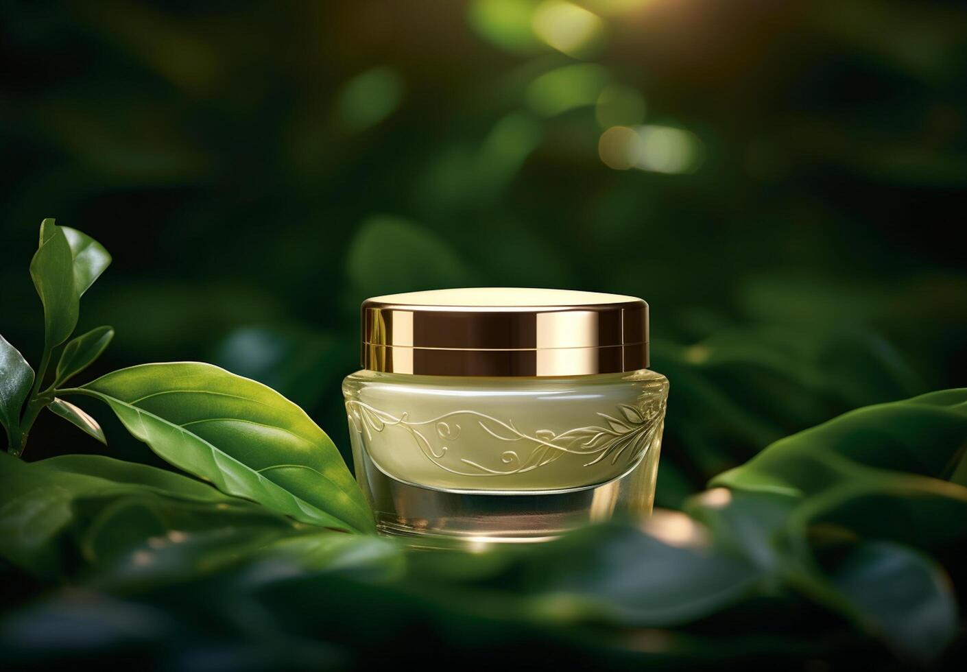 AI generated luxury cosmetic open cream jar on the table with green leaves in natural background photo