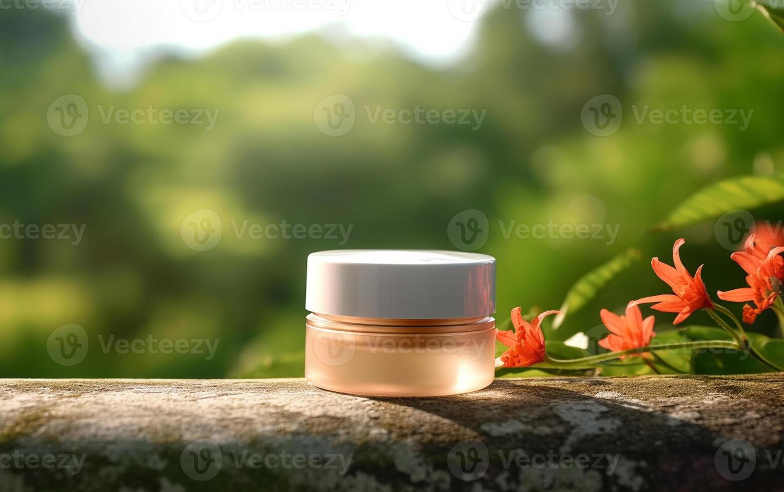 AI generated Photo luxury cream jar on the table behin natural green background